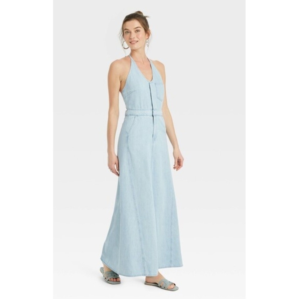 Y2K‎ Boho Chic Festival Maxi Dress Blue Denim Halter Retro Vaca Resort Size XS